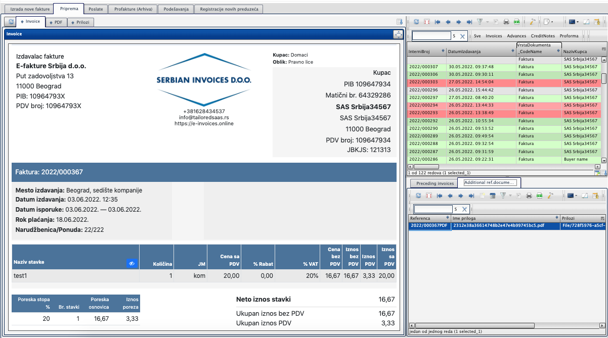 Ekran e-Invoices Online e-fakture demo e-fakturisanje interfejs prikazuje elektronska faktura primer.