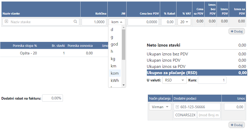 Opcije prilagođavanja načina popunjavanja e-faktura u e-Invoices Online e-faktura demo verzija.