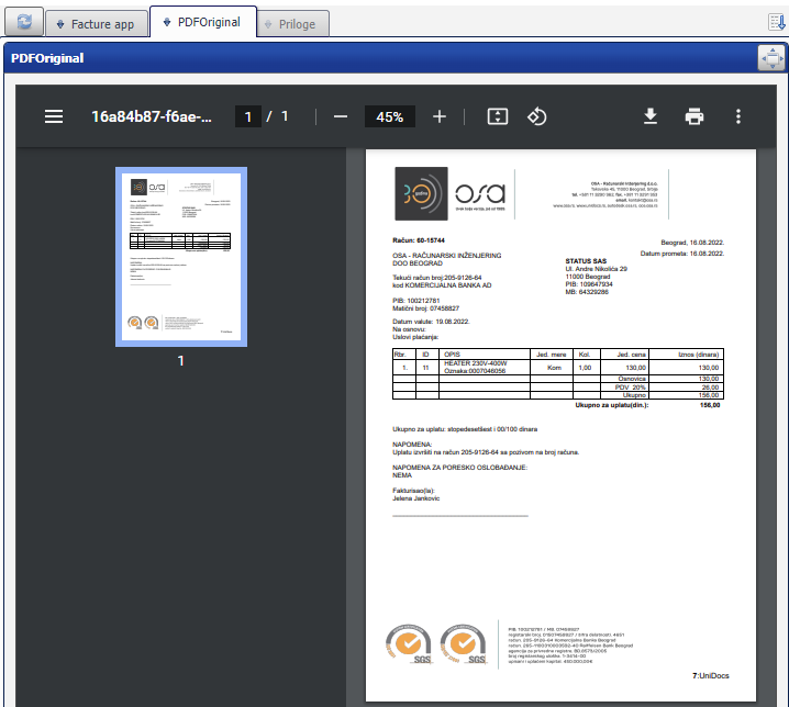 PDF elektronska faktura primer primljenih e-faktura u e-Invoices Online e-faktura demo.
