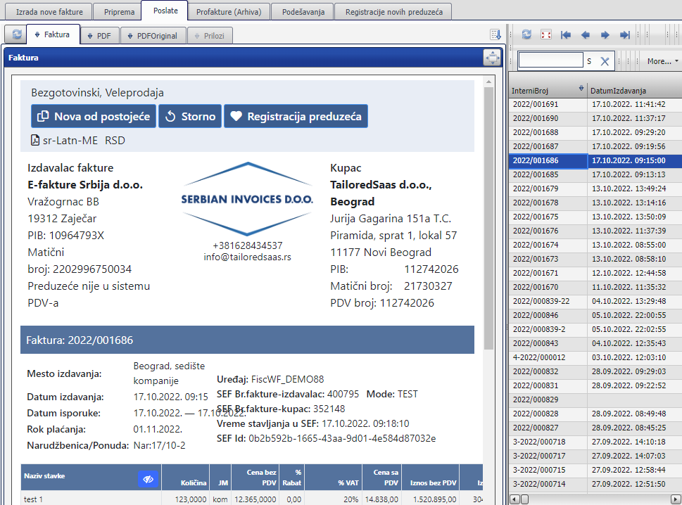 Izgled primera elektronske fakture  poslatih e-faktura u demo verzija e-fakture Online.